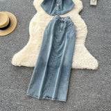 Fongt Light-Cooked Wind Strap To Close Waist Short-Sleeved Cowboy Topess Female High-Waisted Fork Hip Skirt Summer Two-Sleeve