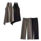 Fongt Women's ZA Hanging Neck Collar Minimalist Asymmetrical Top With Trousers Set