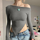 Design Square Towel Hem Hot Girl Shoulder-Tight Solid Color Long-Sleeved T-Shirt 2024 Spring / Summer New Style-Outfit