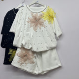 Fongt Set European Dress Design Butterfly Set Drill Short Sleeve T-Shirt Blouse Woman + Tight Waist Broad Leg Shorts Two Sets