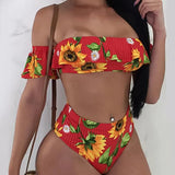 2025 New Split Swimsuit One-Word Shoulder Lotus Side Sunflower Print High-Waist Sexy Bikini