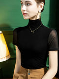 Autumn Base Mesh Tees Women Half Turtleneck Short Sleeve T Shirts Lady Stretchy Tops Female Basic T-shirt-Outfit