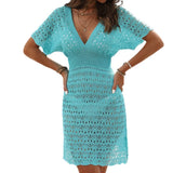 Fongt New Beach Dress Corrugated Hollow Dress Deep V Elastic Waist Hot Beach Burqa