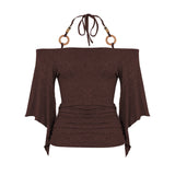 Fongt Shoulder Design Beads With Hanging Neck Horn Sleeve Tops The Folding Tight Waist Thin Knitting Temperament Top
