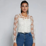 See Through Lace Chiffon Blouse Women Sweet French Square Collar Flower Lace-up Mesh Shirt Loose Long Sleeve Top