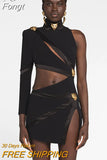 2023 New Summer Women's Black Hollow Mini Bandage Sexy Long Sleeve One Shoulder Tight Elegant Celebrity Party