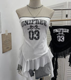 Fongt Shooting Retro Letter Print Bump Color Palette Vest Body Splicing Mesh Yarn With Hottie Top 8089