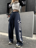Korean Style Letter Print Blue Joggers Sweatpants Women Y2K Striped Wide Leg Sports Pants Oversize Harajuku Retro