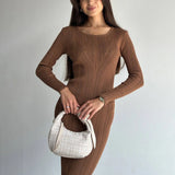 Fongt Wind Solid Color Knitted Dress Female Spring And Autumn Temperament Waist Long Sleeve Long Skirt