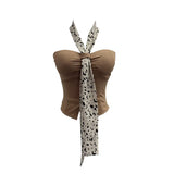 Real Shot Leopard-Print Silk Scarf Hanging Neck Design Folded Bra Strap Chest Pad Vest Short Sleeveless Top Lady