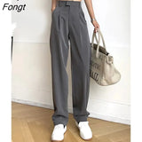 Spring Casual Loose Pockets Straight Female Trousers Casual High Waist Women Long