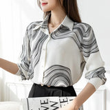 Women's Shirt Spring Clothing for Women Ink Painting Pattern Polo Neck Tops Basic Button Up Long Sleeve Shirts for
