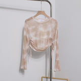 Solid Shot Tie Dyed Mesh Yarn Small Lequine Horn Long Sleeve Thin T-Shirt Drawstring With Short Repair Body Coat
