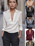 Fongt Autumn Temperament Simple V-Neck Shirt Long-Sleeved Shirt Woman