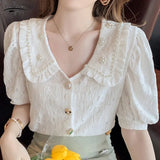 Short Puff Sleeve Summer Blouses Blusas Korean Beading Peter Pan Collar Shirts Women Tops Loose Kawaii Clothing