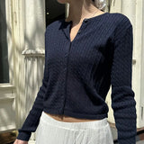 Solid Color Cable Knit Round Neck Cardigan-Outfit