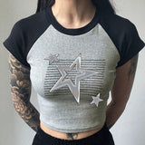 Metal Five-Pointed Star Spliced Collision Color Short-Sleeved T-Shirt New Slim And Slim Jacket For Spring And Summer 2024-Outfit
