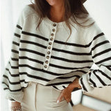 Sleeve Striped Patchwork Jumpers Ladies Loose Knitted