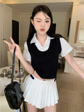 Fake Two Short-Sleeved Knitted Shirt Women 2025 Summer New Stripe Splicing Repair Slim Short