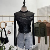 Sexy Micro-Permeable Mesh Splicing Pu Skin Bottom Shirt Women Autumn And Winter Body Repair Short Long-Sleeved T-Shirt Top