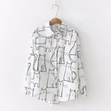 New Arrival Cartoon Cat Print Button Up Blouse Long Sleeve Turn Down Collar Shirt Sweet Girls Loose Plus Size Top