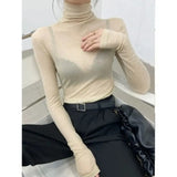 Y2K Fashion Solid Turtleneck T Shirt Women Harajuku Sexy See Through Long Sleeve Tee Slim All-match Basic Pullover