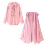 Fongt Women's Summer Folding V-Neck Folding Collar Trim With Chiffon Long-Sleeved Shirt Skirt Suit