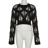 Dark Y2k Punk Hollow Out Knitted Gothic Sexy Pullovers Grunge E-girl Long Sleeve Loose Crop Sweaters Alt Summer