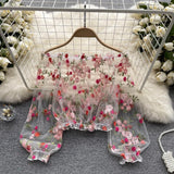 Fongt Shoulder Mesh Embroidery Perspective Shirt For Women's Summer Loose Bubble Sleeve Short Hoodie Long-Sleeved Lace Shirt