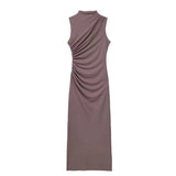 New Pleated Trim Sleeveless Flute Dress 3152200-Outfit