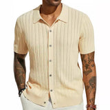 Fongt Men's Casual Knit Shirt Summer New Solid Color Jacket Men's Short Sleeve Lapel Collar Hollow Breathable Men's