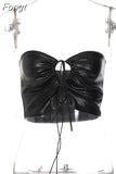 Pu Faux Leather Women Black Lace Up Halter Tanks Crop Top Sexy Streetwear Party Night Club 2023 Autumn Winter
