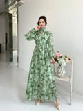 Fongt Light Luxury Temperament Dress Female High-End Feel Strapped Waist Three-Dimensional Flower Lantern Sleeve Print Dress