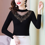 Fongt Photo # Autumn / Winter Long Sleeve And Velvet Top Women's High-End T-Shirt With A Versatile Lace Bottom Shirt-Outfit