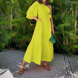 Fongt Spot 2024 Spring New Women's Fashion Temperament Inclined Shoulder Long Cotton And Linen Dress-Outfit