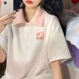 Kawaii Preppy Style Cartoon White T-shirts Women Oversize Sweet Korean Style Cute Short Sleeve Top Casual Polo