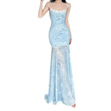Fongt Chinese Chinese Light Green Shoulder Butterfly Print Fishtail Sling Skirt Sexy Hip Through Mesh Dress