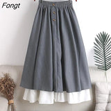 Spring Summer Women Skirt Oversize Korean Style A-line Patchwork Long Skirts High Waist Female Skirts Double Layer