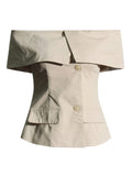 Fongt Socialite Light Ripe Wind Autumn 2024 New One-Line Collar Open Shoulder Splicing Design Slim Suit Jacket-Outfit