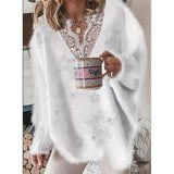 Sweater Women Solid Five-pointed Star Design Mesh V Neck Loose Pullovers Top Vintage Elegant Knitted Knitted Plus
