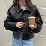 Women Spring Autumn Black Faux Leather Bomber Jackets Button Up Basic Short Coat Turn-Down Collar Motor Biker
