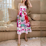 Fongt Summer Women's New Temperament Elegant High-Waist Print Slings Casual Fashion Dress