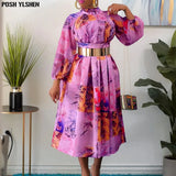 With Belt Elegant Print Dress African Dresses For Women 2022 New Ankara Clothes Wedding Party Long Sleeve Robe Femme