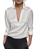 Fongt Autumn Temperament Simple V-Neck Shirt Long-Sleeved Shirt Woman
