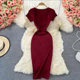 Fongt Thin Collar Knitted Dress Short Sleeve 2025 Summer New Temperament Sexy Hot Ass Long Skirt