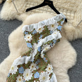 Fongt Light Luxury Name Heavy Industry Hollow Hook Lace Dress Female Senior Wood Ear Splicing Oblique Shoulder Skirt
