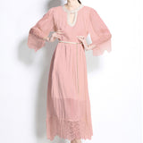 Fongt Luxury Famous Dress Women Spring Diamond Seven-Sleeve Mesh Splicing Design Chic Temperament Dress