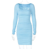 Ruched Solid Women Long Sleeve Mini Dress Bodycon Sexy Party Elegant Streetwear 2020 Autumn Winter Club White