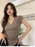 Fongt Arc Hem Solid Color Top 2024 Summer New Casual V Collar Waist Show Thin Flying Sleeve T-Shirt