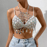 Fongt New Sexy Lacey Nightclub Shiny Blouse With Colorful Crystal Pendant Necklace